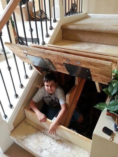 kid under stairs